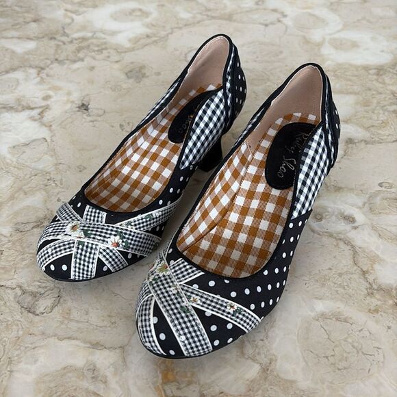 NWOT RUBY SHOO Paula - Black White Floral/Polka Dot/Gingham Heels Adorable - Picture 3 of 13